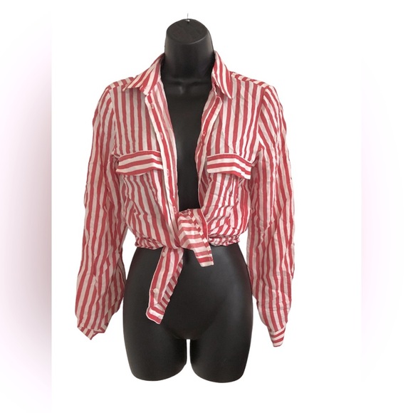 Zara red white striped button down front long sleeve blouse shirt size‎ XS new - Picture 2 of 11